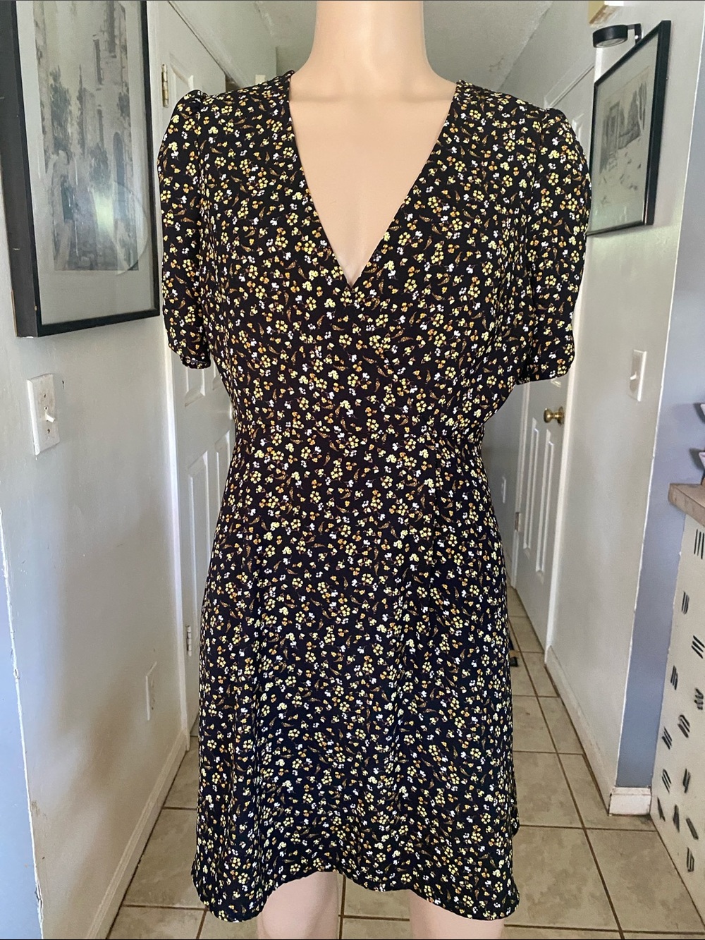 Black Floral V-Neck Daydress with Yellow Accent